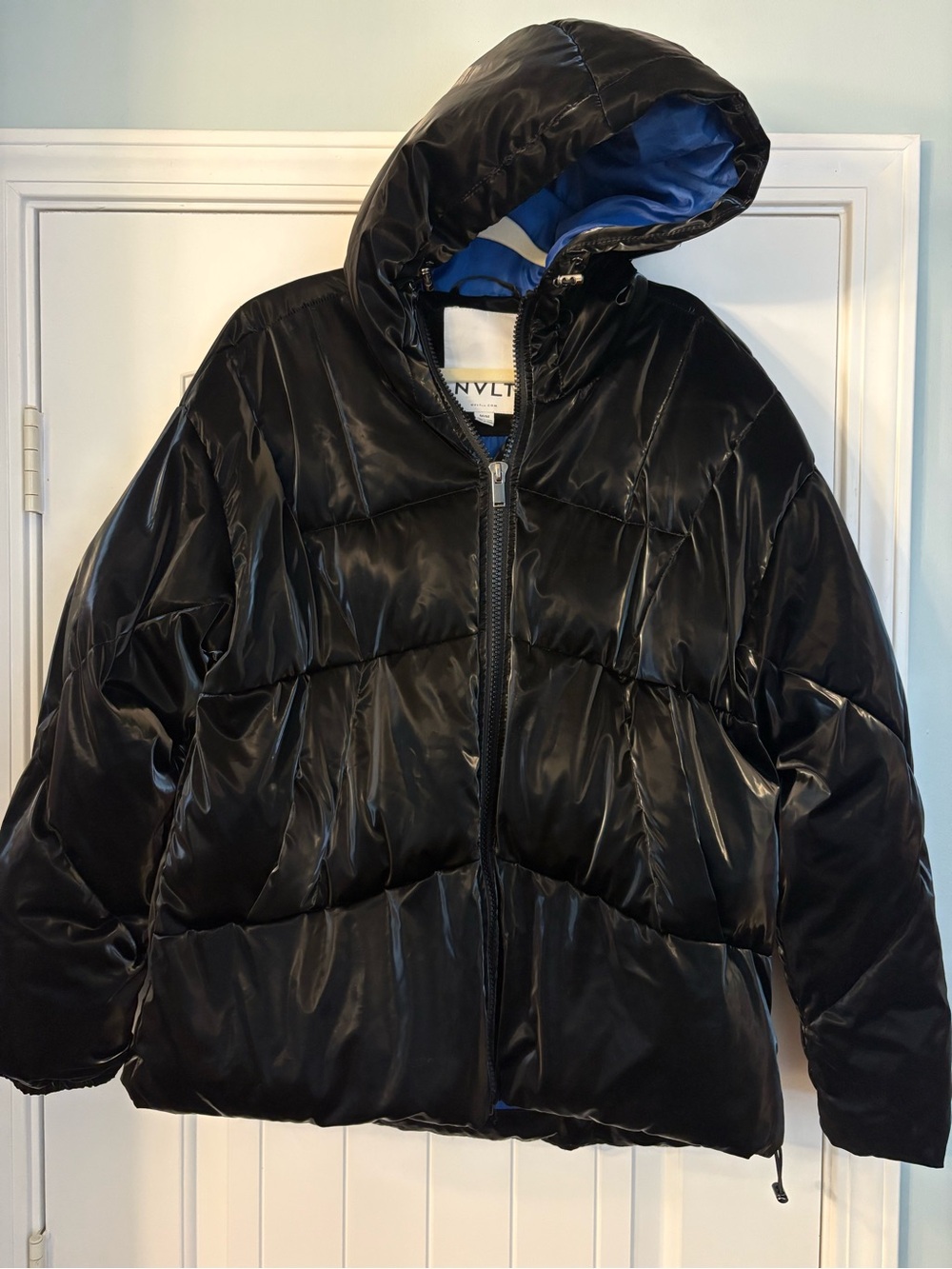 NVLT Women’s Black Puffer Jacket with Blue Lining and Hood
